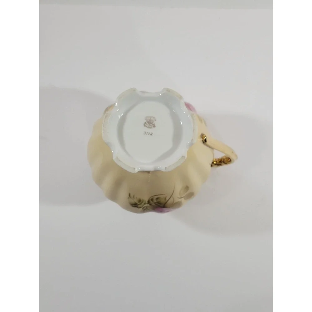 Lefton China Porcelain Pitcher 3114 Hand Painted Beige Floral Gold Trim 6.5